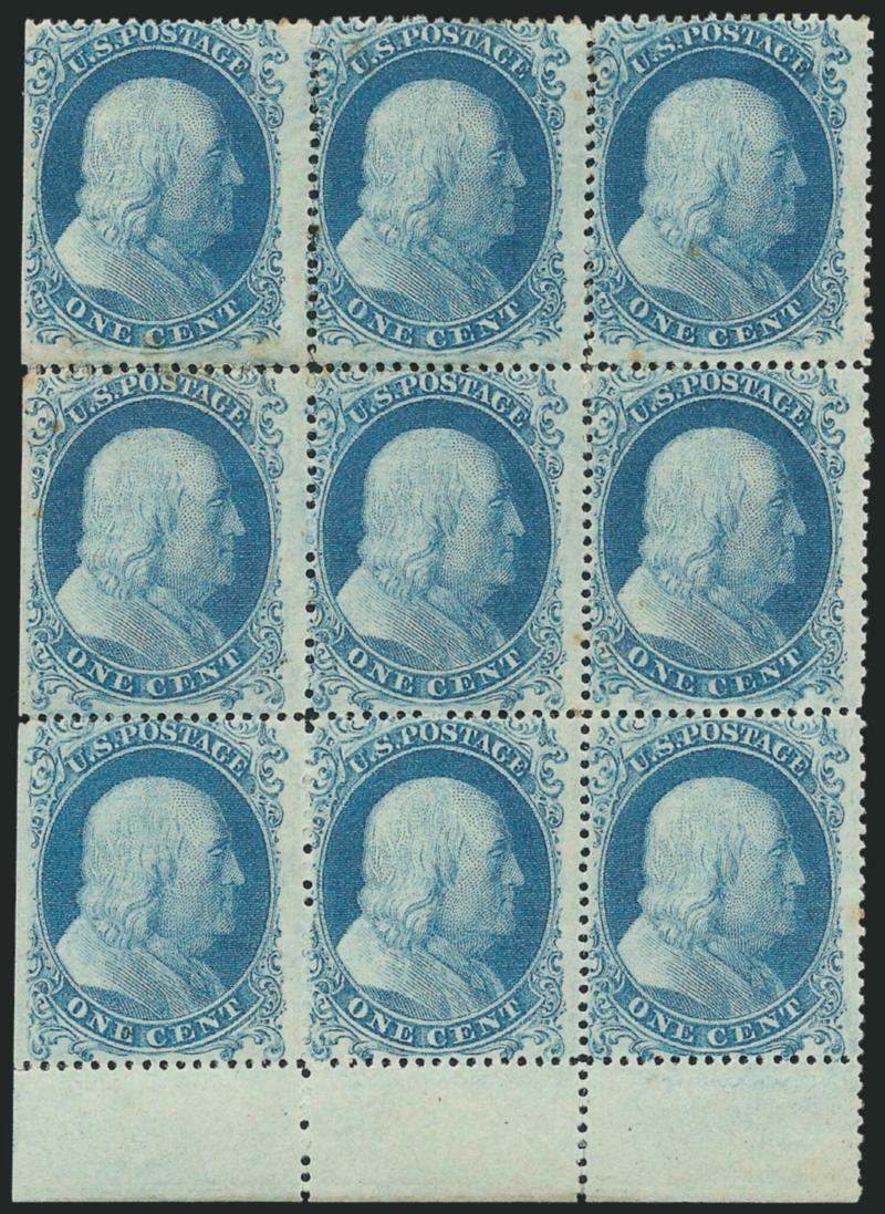 1c Blue, Ty. I, II, IIIa (18, 20, 22).> Positions 71-7381-8391-93R12, block of nine, bottom six stamps Ty. I, top left Ty. IIIa, other two at top Ty. II, natural s.e. at left and <selvage at bottom,> original
gum, lightly hinged, bright shade, few