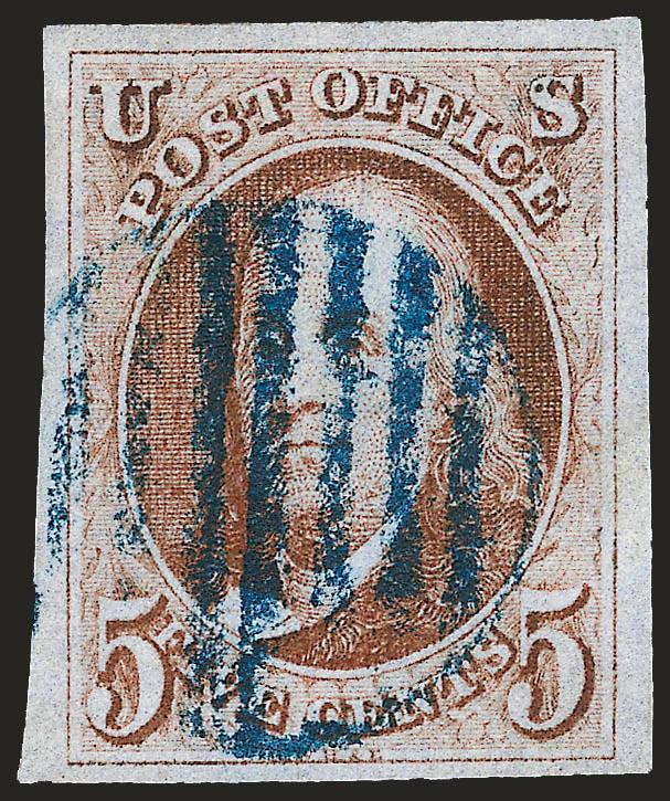 5c Orange Brown (1b).> Brilliant color in the distinctive Orange Brown shade, nicely complemented by <blue grid> cancel, also showing <Dot in S variety> at top right, large and even margins all
around<><>^EXTREMELY FINE. A GORGEOUS USED EXAMPLE O