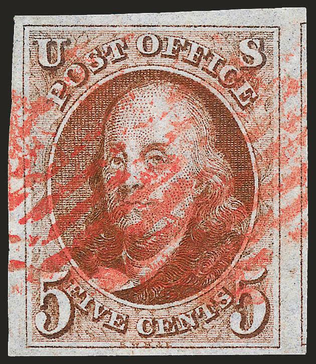 5c Orange Brown (1b).> Large margins to full incl. part of adjoining stamp at right, brilliant color and early impression, red New York square grid cancel, <stitch watermark><><>^EXTREMELY FINE. A BEAUTIFUL USED
EXAMPLE OF THE 5-CENT 1847 ISSUE IN