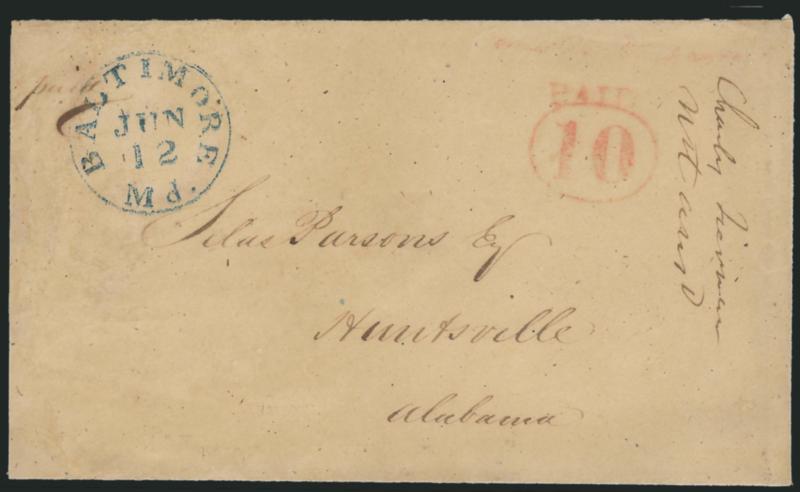 Baltimore Md., 10c Red on Manila entire (3XU4).> Readable strike of provisional markings, bold blue Baltimore Md. Jun. 12 (1846) circular datestamp on cover to Huntsville Ala., expertly restored, staining removed
from left side<><>^VERY FINE APPE