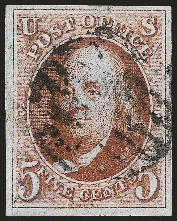 5c Orange Brown (1b).> Large to huge margins all around, deep and gorgeous shade, <black grid> cancel<><>^EXTREMELY FINE. A SCARCE AND CHOICE EXAMPLE OF THE 5-CENT 1847 ORANGE BROWN.^<><>With 2000 P.F.
certificate
