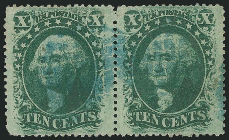 10c Green, Ty. V (35).> Positions 36-37L2, horizontal pair, <right stamp curl in head,> perfectly centered, intense shade, <blue segmented cork> cancel, slightly rounded corner, still Extremely Fine, Scott
Retail as normal pair