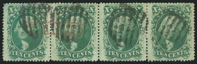 10c Green, Ty. V (35).> Horizontal strip of four, beautiful centering and rich color, grid cancels, left stamps with <red boxed Paid> handstamp, left stamp small thin spot at top left, appears Extremely
Fine