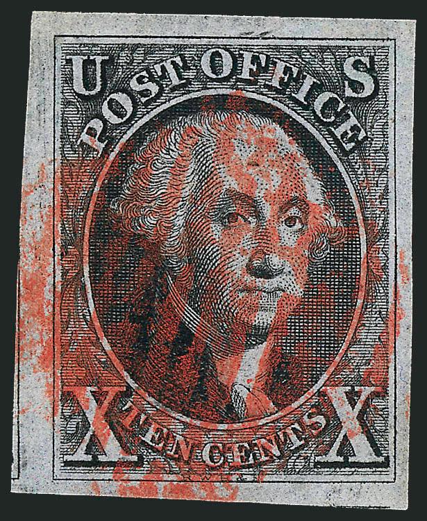 10c Black (2).> Huge margins incl. barest traces of adjoining stamps at bottom and left, incredibly deep shade and intense impression, two bright red square grids<><>^EXTREMELY FINE GEM. AN EARLY IMPRESSION AND
REMARKABLE COPY OF THE 10-CENT 1847 I