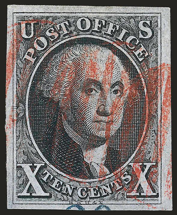 10c Black (2).> Large to huge margins, intense shade, red grid cancels and also trace of <blue numeral> cancel at bottom, fresh and Extremely Fine, with 1988 P.F. certificate