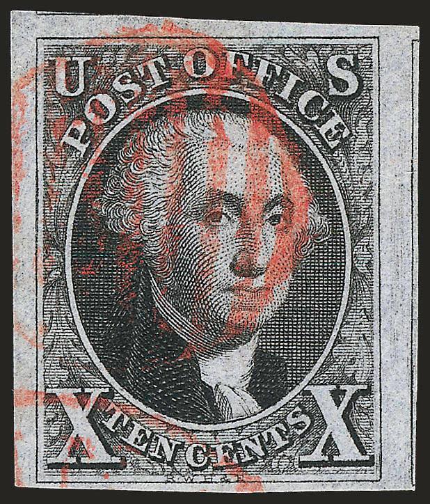 10c Black (2).> Position 26R1, huge margins including entire frameline of adjoining stamp at right and part of adjoining stamp at top, intense shade and impression, neat strike of red grid cancel and part of
matching circular datestamp at bottom left