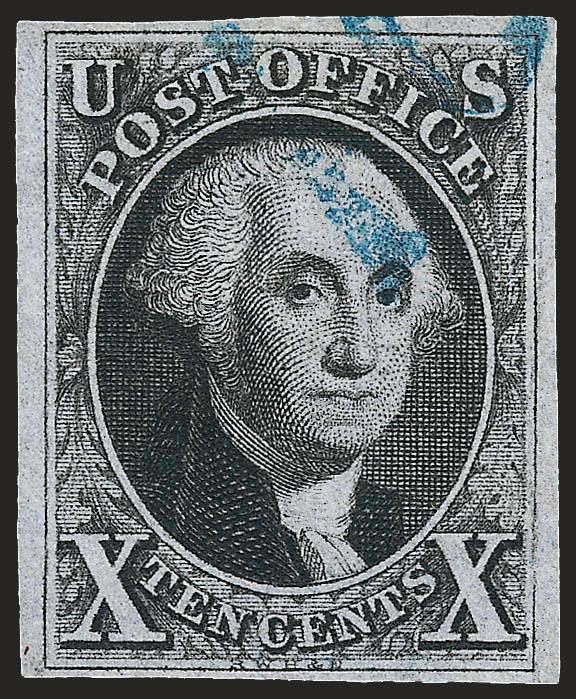 10c Black (2).> Position 33R1, large margins to clear, intense shade and impression, neat strike of <blue numeral 10 handstamp,> Very Fine, a pretty stamp, with 1999 P.F. certificate