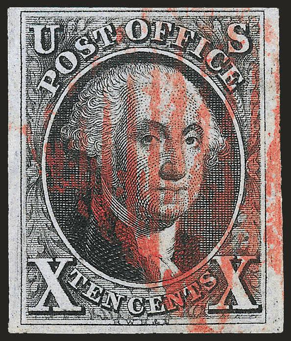 10c Black (2).> Large margins to full, bright shade nicely complemented by red New York square grid cancel, Very Fine, with 1983 P.F. certificate