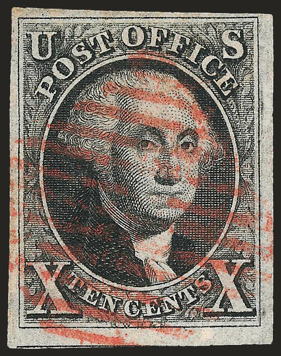 10c Black (2).> Large margins to full incl. part of adjoining stamp at bottom, crisp impression, red New York square grid cancel, Very Fine and choice, with 2004 P.F. certificate