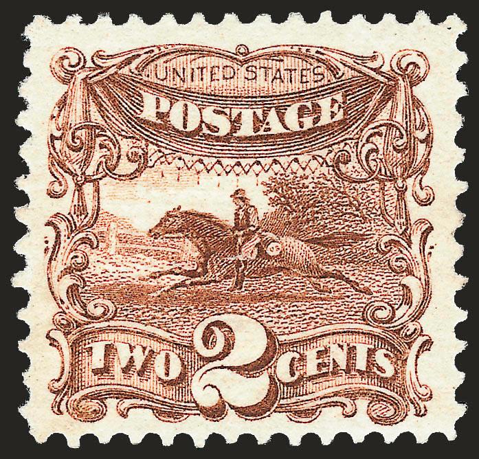 2c Brown (113).> Original gum, small h.r., remarkably well-centered with unusually wide margins, fresh color and proof-like impression<><>^EXTREMELY FINE. A SPECTACULAR ORIGINAL-GUM EXAMPLE OF THE 2-CENT 1869
PICTORIAL ISSUE.^<><>With 1987 P.F. c