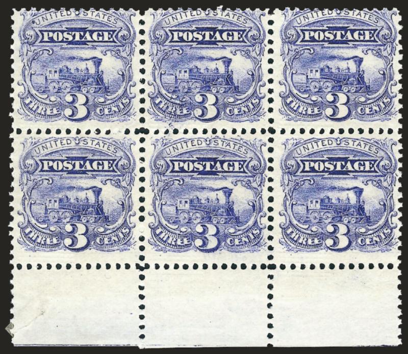 3c Ultramarine, Split Grills (114 var).> Bottom selvage block of six, <stamps Mint N.H.,> small h.r. in bottom left selvage, clearly-defined grills, perfs in at top of top stamps, almost Fine, Scott Retail as
hinged singles