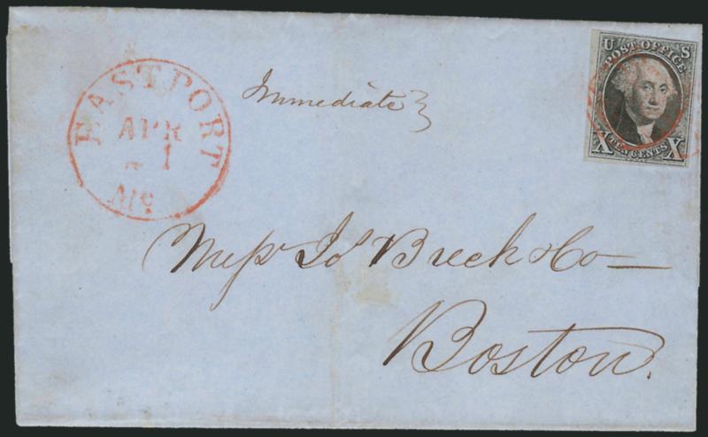 10c Black (2).> Large margins to clear, tied by red grid, matching Eastport Me. Apr. 1 circular datestamp on blue 1849 folded cover to Boston, Very Fine, ex Craveri, with 2003 P.F. certificate