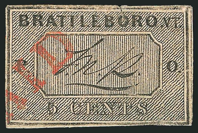 Brattleboro Vt., 5c Black on Buff (5X1).> Position 1, ample margins with framelines complete or nearly complete on all four sides, lightly cancelled by part strike of red Paid, thin spots, small tear and tiny
corner crease<><>^VERY FINE APPEARANC
