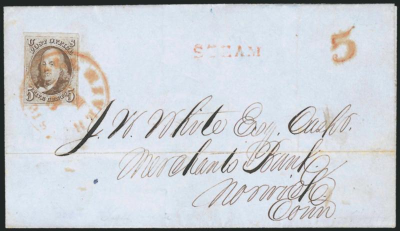5c Red Brown (1).> Large margins to clear, tied by red <Str. Fall River Jun. 8 route agents> circular datestamp on blue folded cover to Norwich Conn., matching <Steam> and 5 handstamps, light horizontal file fold
well clear of stamp, Very Fine