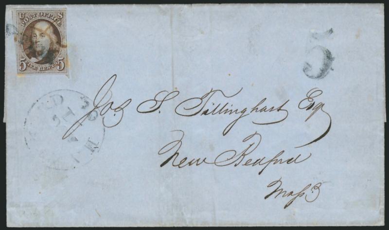 5c Dark Brown (1a).> Large margins to just touched, cancelled by ms. X and tied by <blue Paid and pointing hand> handstamp on folded cover to New Redford Mass., matching Hartford Ct. Aug. 11 circular datestamp
and 5 handstamp, stamp with some