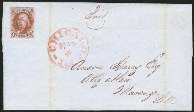 5c Orange Brown (1b).> Large even margins, cancelled by well-struck <5 in cogwheel,> matching Chicago Ill. Mar. 4 circular datestamp on 1850 folded letter to Marenga Ill., light vertical file folds, Very Fine
strike of this desirable cancel on a