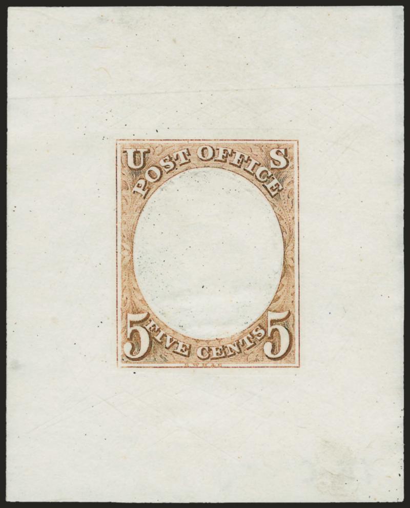 5c Brown, Frame Only, 1895 Hybrid Die Essay on India (1-E3).> Stamp size and on 40 x 51mm India, affixed to thin card, India with albino cross-hatching as typically seen on color proofs of the period, small hole
at bottom right inside frame<><>^VER