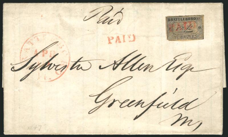 Brattleboro Vt., 5c Black on Buff (5X1).> Position 7, large margins to in, repaired tear at bottom left where stamp was affected by file fold (since lifted and moved to the right), cancelled by red Paid handstamp,
second strike at left, matching B