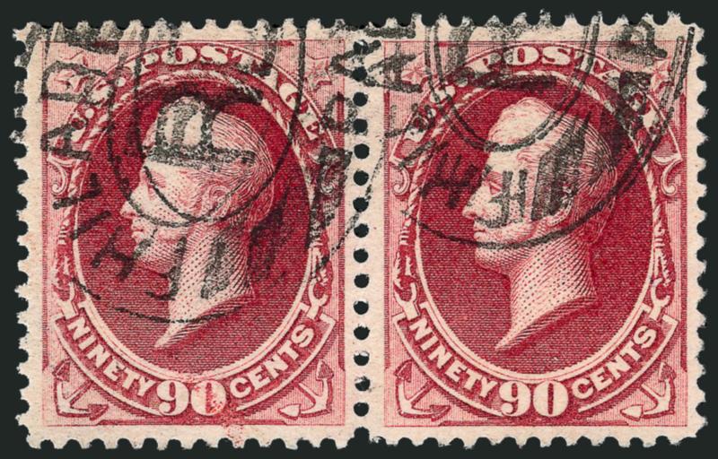 90c Carmine (191).> Horizontal pair, deep rich color, neat strikes of oval registry cancels, Very Fine and choice, an attractive mulriple, with 1984 P.F. certificate