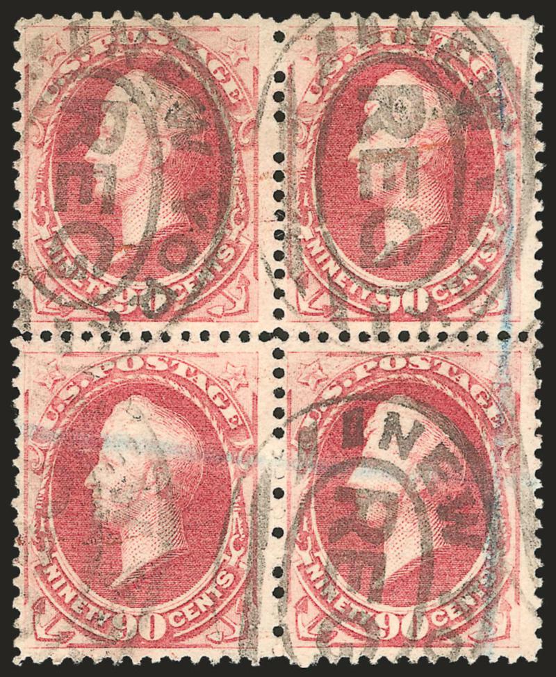90c Carmine (191).> Block of four, rich color, each stamp with neat strike of New York oval registry cancel, blue crayon registry markings, fresh Fine-Very Fine, a scarce and desirable used block, oversize or
heavy items tended to damage stamps durin