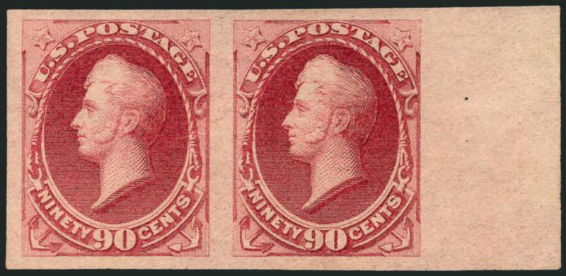 90c Carmine, Imperforate (191b).> Horizontal pair, original gum, huge margins all around incl. <sheet margin at right,> rich color, trivial natural paper wrinkle not mentioned on accompanying
certificates<><>^EXTREMELY FINE. A BEAUTIFUL SHEET-MARGI