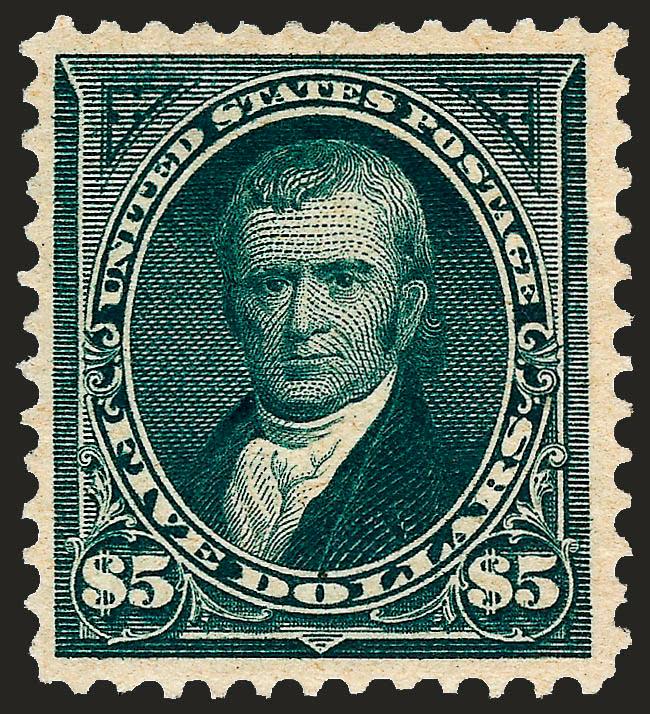 $5.00 Dark Green (278).> Original gum, deep rich color and proof-like impression, wide margins<><>^VERY FINE AND CHOICE ORIGINAL-GUM EXAMPLE OF THE 1895 $5.00 WATERMARKED BUREAU ISSUE.^<><>With 1982 P.F.
certificate
