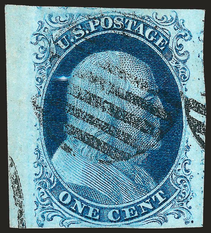 1c Blue, Ty. II (7).> Position 21R1E, huge margins incl. part of adjoining stamp at right and <sheet margin at left,> deep rich Plate 1E color, grid cancel, Extremely Fine, with 2003 P.F. certificate