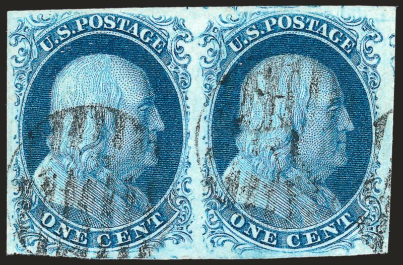 1c Blue, Ty. IIIa-II (8A-7).> Positions 72-73R1E, horizontal pair, large margins almost all around, clear at bottom left, gorgeous bright early Plate 1E shade and impression, light grid cancels, unusually
fresh<><>^VERY FINE-EXTREMELY FINE PAIR OF