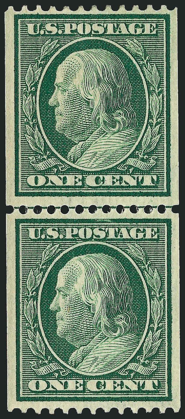 1c Green, Coil (385).> Guide line pair, bottom stamp Mint N.H., brilliant color, crisp impression, choice centering, Extremely Fine, with 2002 P.S.E. certificate