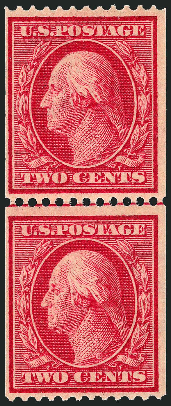 2c Carmine, Coil (386).> Mint N.H. guide line pair, brilliant color, fresh and Fine, a scarce Mint N.H. guide line pair, with 1997 P.F. certificate for strip of four