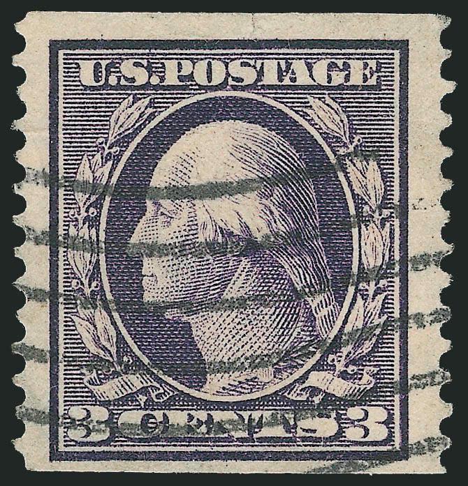 3c Deep Violet, Orangeburg Coil (389).> Extraordinary margins and choice centering, rich color and sharp impression on bright white paper, light Orangeburg N.Y. wavy-line machine cancel, negligible tiny tears
and slight creasing typical of the Orange