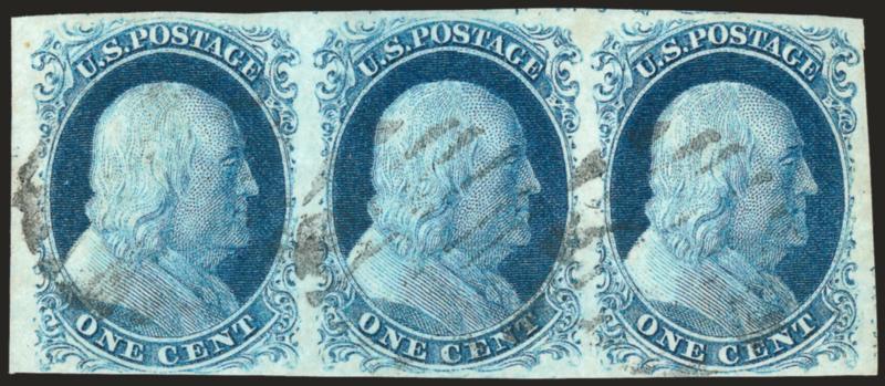 1c Blue, Ty. II-IIIa-IIIa (7-8A-8A).> Positions 31-33R1E, horizontal strip of three with pair of Type IIIa at right, mostly large margins except at bottom left where close but clear, light grid cancels, bright
color<><>^VERY FINE. A WONDERFULLY CHO