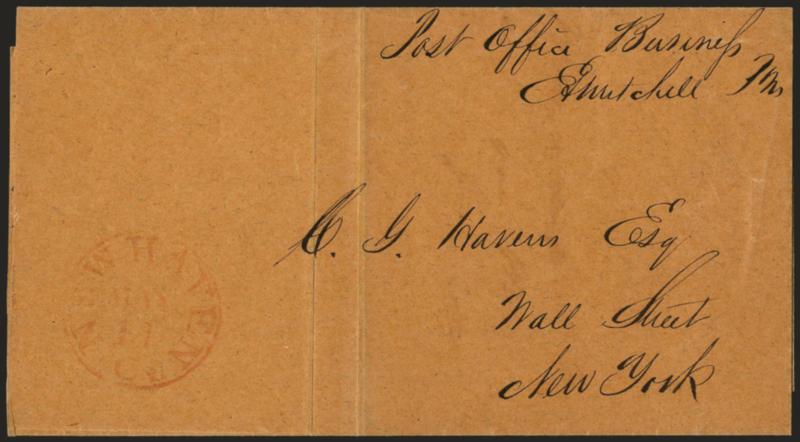 Edward A. Mitchell.> Free frank <<Post Office Business, EA Mitchell PM>> at top right of buff folded cover to New York City, red New Haven Ct. May 11 circular datestamp, 1846 docketing on back, vertical file fold
clear of all markings, Very Fine