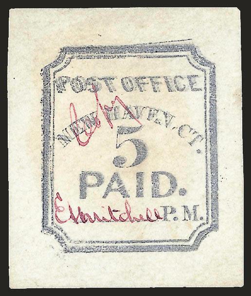New Haven Conn., 5c Dull Blue, Reprint (8XU1R).> Signed in Lilac Rose and also matching Copy at center, central thin spot, Very Fine appearance, it is not known exactly when the rare reprints with Copy were made,
ex Deats