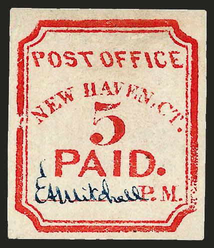 New Haven Conn., 5c Vermilion, Reprint (8XU1R).> Blue signature, bright color, Very Fine