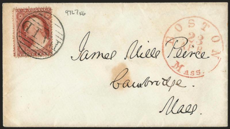 3c Claret, Ty. I (25).> Position 97L7 plating note, tied by large Paid grid, red oston Mass. 23 Apr. (1857)> circular datestamp on small cover to Cambridge, faint wax seal stain, otherwise Very Fine, scarce use
during experimental perforation p