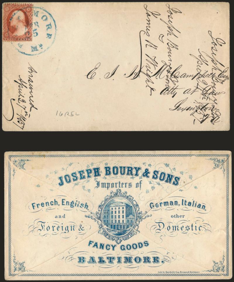 3c Claret, Ty. II (25A).> Position 16R5L plating note, scissors separated with some blunt perfs, tied by blue altimore Md. Apr. 25 (1857)> circular datestamp on cover to Lexington Va., beautiful overall blue
importers illustrated advertising on