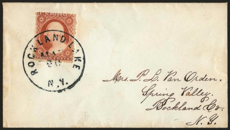 3c Brownish Carmine, Ty. I (25).> Position 96L7 plating note, tied by <Rockland Lake N.Y. May 20 (1857)> circular datestamp on cover to Spring Valley N.Y., pencil docketing on back dated 1857, Very Fine, unusual
shade for this experimental perforat
