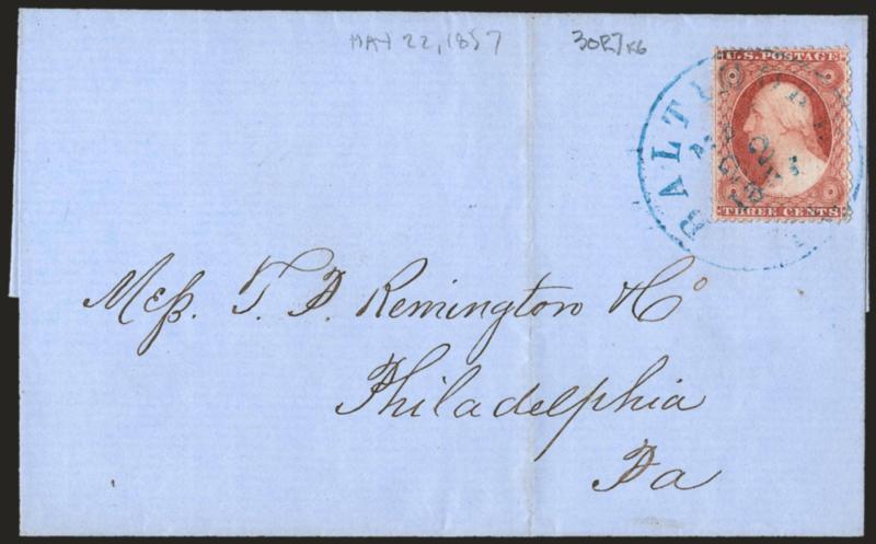 3c Claret, Ty. I (25).> Position 30R7 plating note, rich color, tied by blue altimore Md. May 22, 1857> circular datestamp on blue folded cover to Philadelphia, file fold clear of stamp, Very Fine, unusually
choice stamp used during the experimen