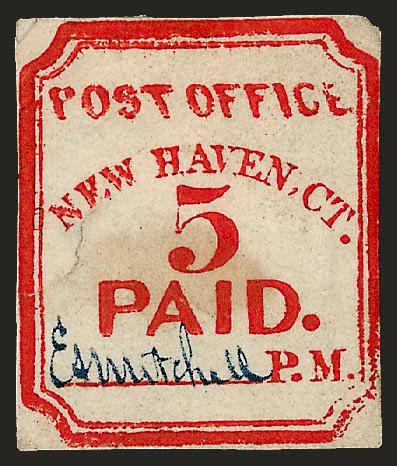 New Haven Conn., 5c Vermilion, Reprint (8XU1R).> Blue signature, cut to size, small thin spot and toned, otherwise Fine