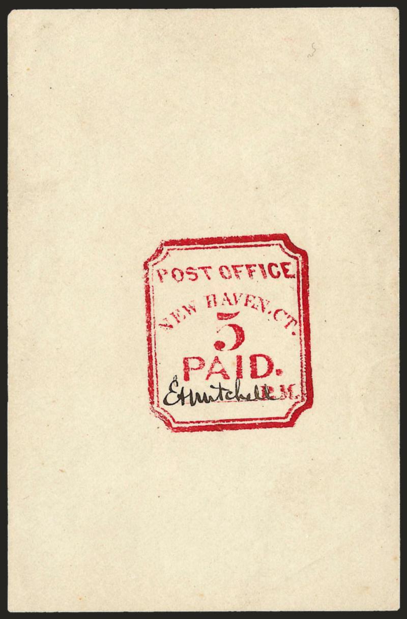 New Haven Conn., 5c Carmine, Reprint (8XU1R).> 62 x 96mm, <signature in Black,> rich color, Very Fine, scarce with the signature in black, the Scott Catalogue only lists the signature as being known in Dark Blue
or Red, with 2000 P.F. certificate as