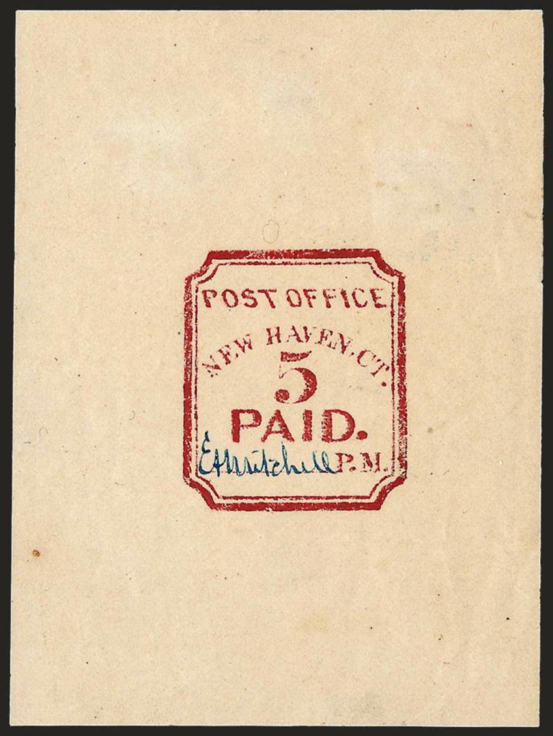 New Haven Conn., 5c Carmine, Reprint (8XU1R).> 62 x 85mm, Blue signature, rich color, trivial thin speck far from design, Very Fine appearance