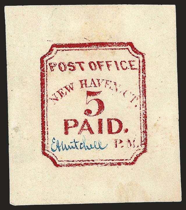 New Haven Conn., 5c Carmine, Reprint (8XU1R).> 42 x 50mm, Blue signature, small thin spots, Very Fine appearance