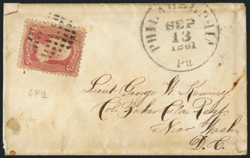 3c Pigeon Blood Pink (64a).> Bright shade, tied by Medina N.Y. Sept. 26, 1861 circular datestamp on cover to Union Springs N.Y., bold <Due 3> in circle handstamp, opened a bit unevenly at right and minor
edgewear, few short perfs at bottom, other