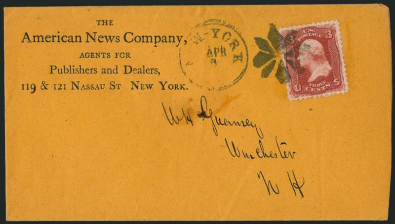 3c Lake Red, E. Grill (88a).> A remarkable shade similar in appearance to the 1875 Re-Issue, proof-like impression, nearly perfect centering, tied by rosette cancel New-York Apr. 5 (1868) circular datestamp on
buff cover to Winchester N.H. with pub