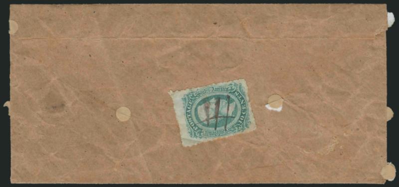 10c Blue, Die A, Unofficial Roulette (11 var).> Full roulettes on all sides, cancelled by penstrokes on back of homemade cover to Staunton Va., matching Mt. Solomon Va. Nov. 18th 1863 ms. pmk., <turned usage>
with inside bearing 10c Blue, Die B (12
