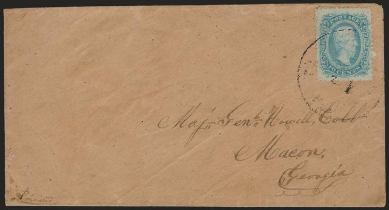 10c Blue, Die A, Perforated (11e).> Tied by lightly struck circular datestamp on homemade cover to Macon Ga., fresh and Very Fine, a pretty cover