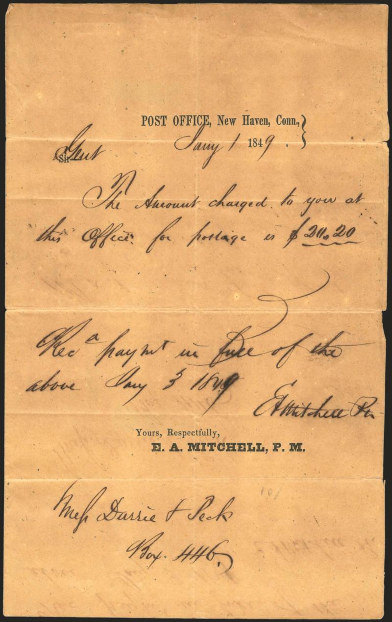 Edward A. Mitchell.> Signature <<E. A. Mitchell PM>> on part-printed postage charge notice dated Jan. 1, 1849, folds and slight age toning
