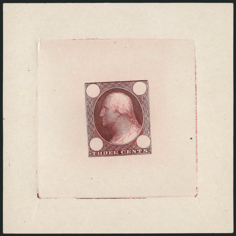 Toppan, Carpenter & Co., 3c Die Essay on Colored Card (65-E2e).> Five of the six Scott-listed colors, approximately 74 x 74mm, rich colors, fresh and Very Fine