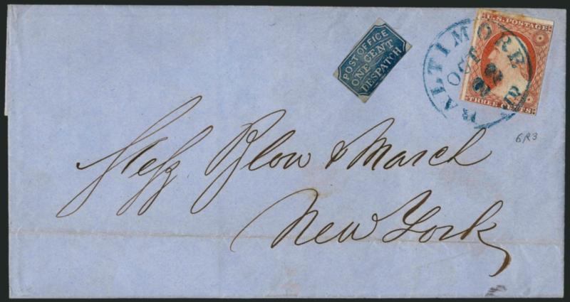Baltimore Md., 1c Blue on Bluish (1LB2).> Ample margins to just touched, uncancelled, used with 3c Dull Red, Ty. II (11A), tied by blue Baltimore Md. Oct. 22 circular datestamp on blue 1853 folded letter to New
York City, file fold clear of stamp,